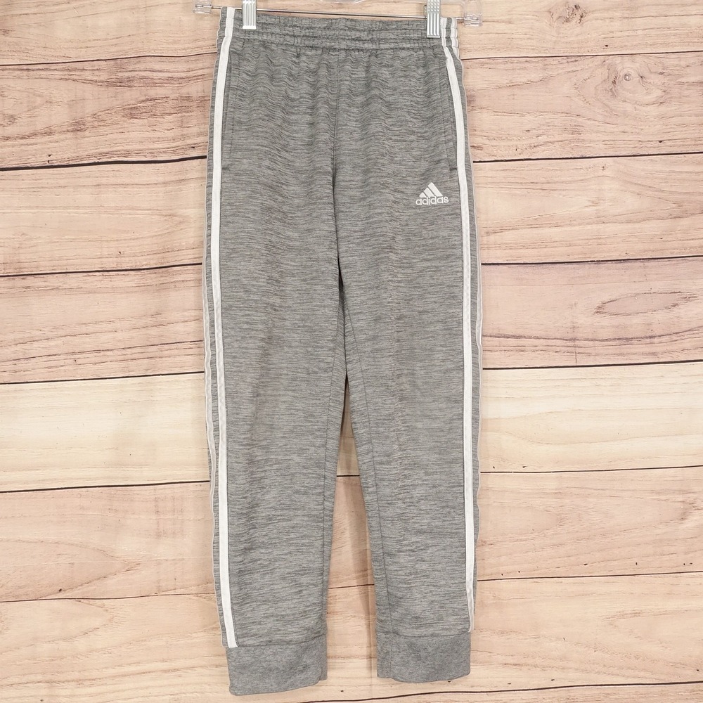 Adidas Pants Youth M Gray Ankle Fleece Jogger Sweatpants Stripes Logo Drawstring